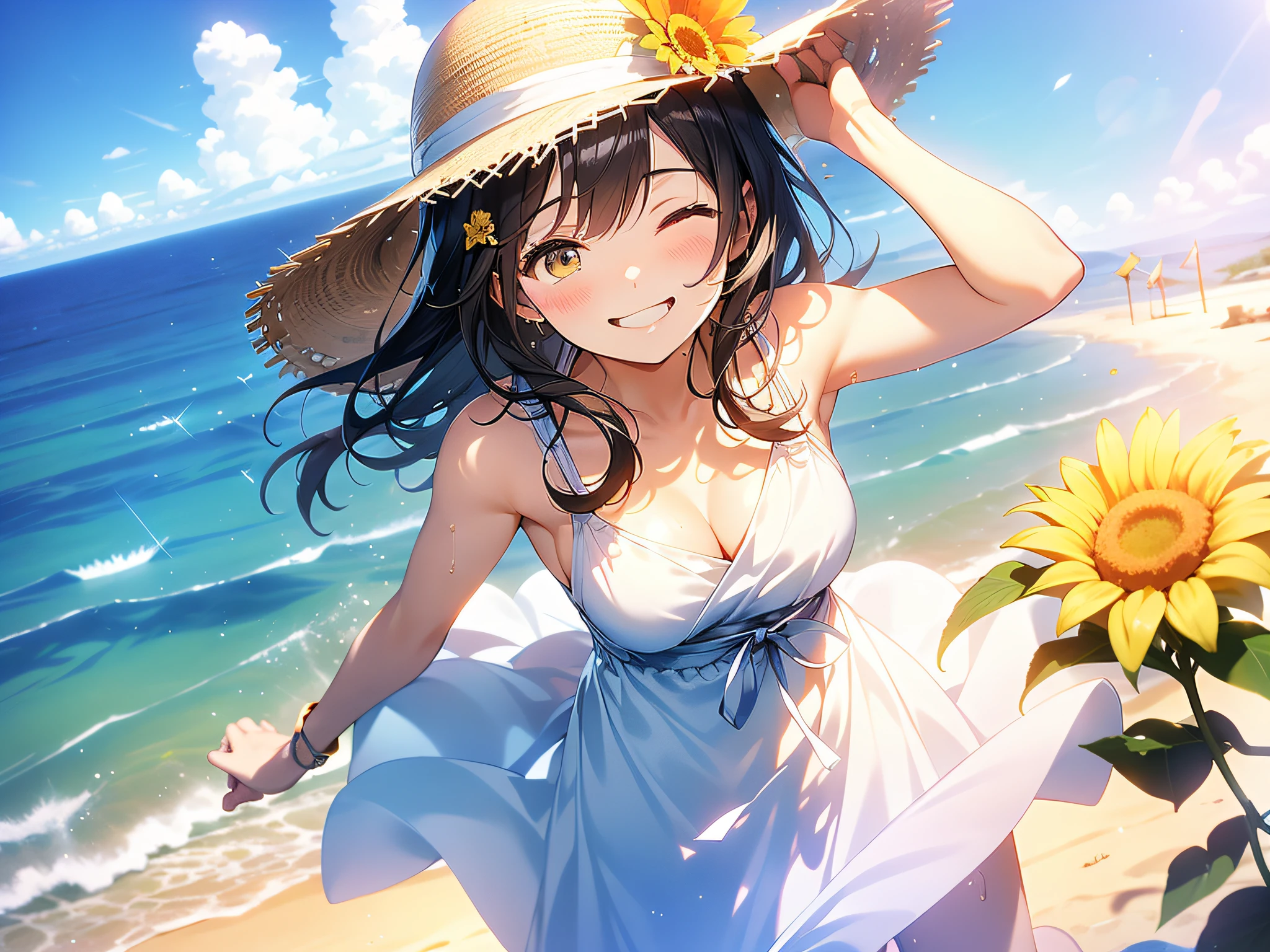 in 8K、top-quality、​masterpiece、ultra-detailliert、Ultra-high resolution、Anime style、1人の女性、Mid summer、White Dress、a straw fedora hat、a smile、Sun flower、look up to、Aerial photos