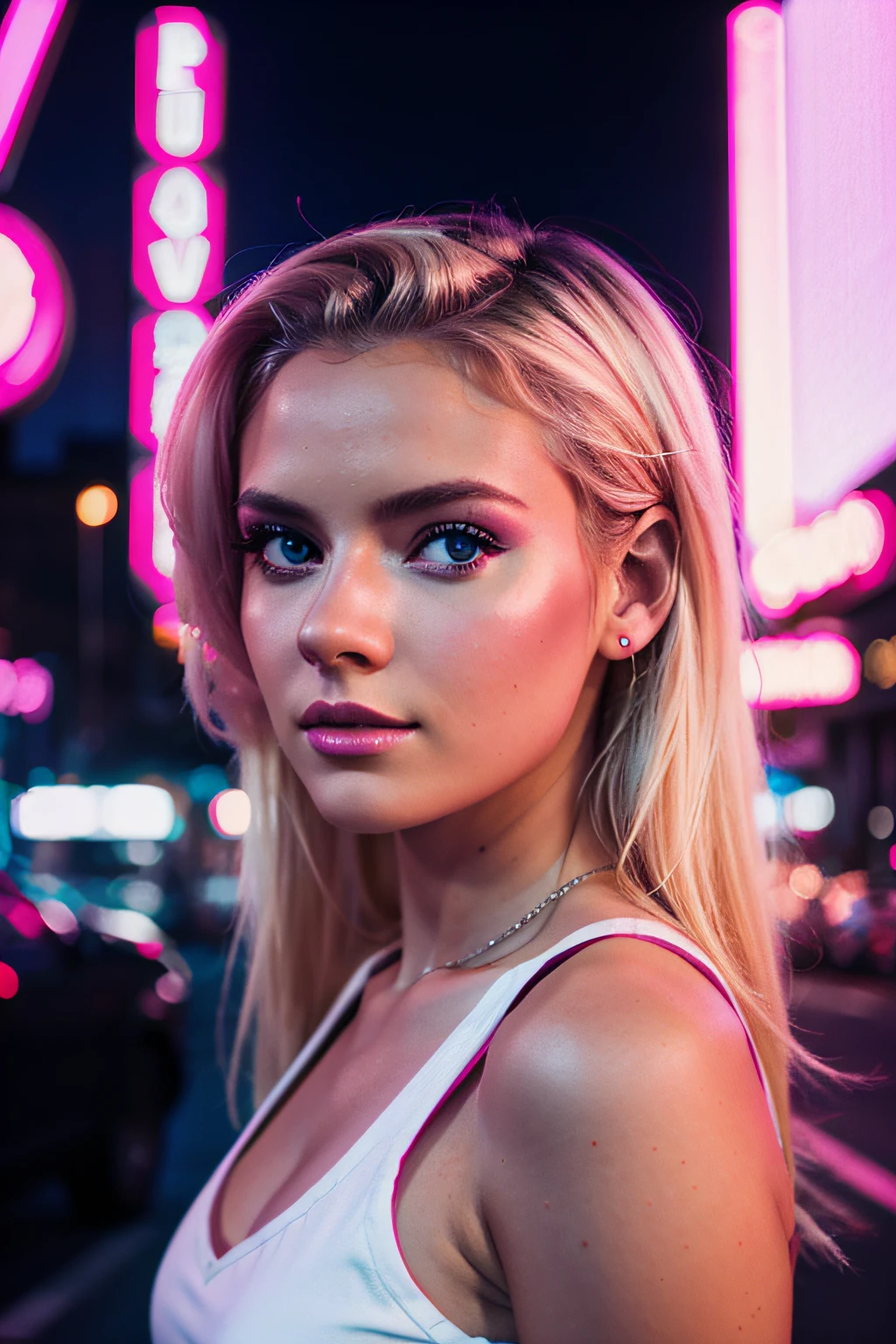 A blonde synthwave girl, shot by canon EOS 5D, synthwave city