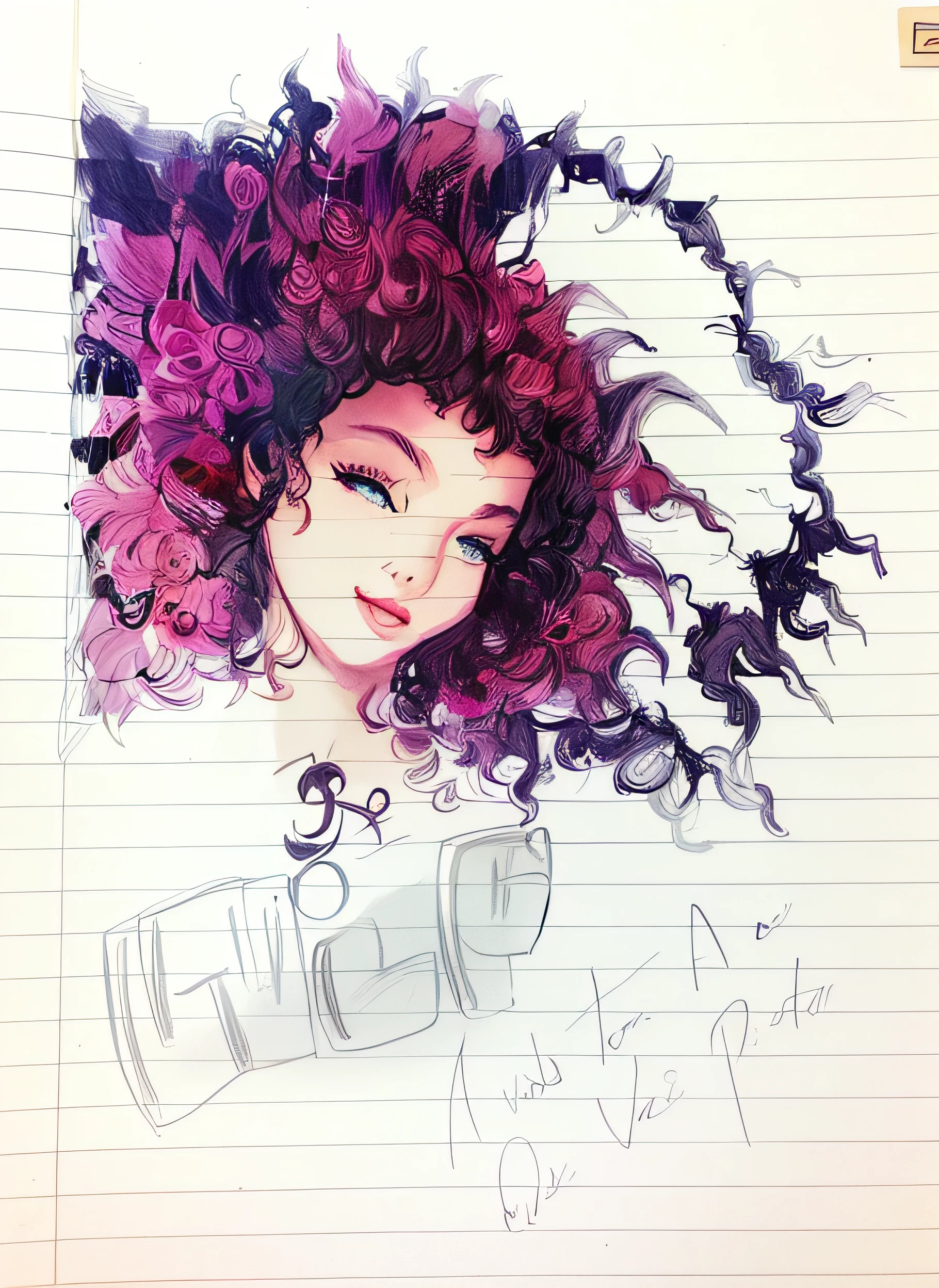 Drawing of a black woman with pink hair in the abeça, seu rosto emoldurado com cachos, um desenho, istration in pen and ink, Assumiu o iPad, um desenho a tinta digital desenho de uma mulher com cabelo encaracolado, artistic drawing, detailed outline, high quality sketch art, Pen drawing, afro encaracolado, fine art sketch, trabalho com caneta e tinta. foco nítido, retrato detalhado, um desenho, sketch art, desenho a tinta digital, cabelo afro, flowing massive hair, desenho a caneta, a pencil sketch, um desenho a tinta digital, linda e perfeita
