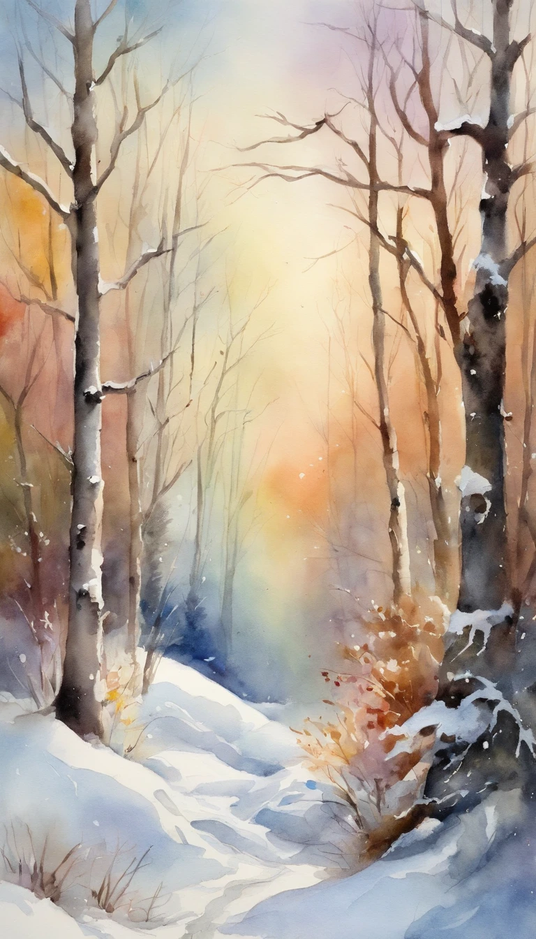 snowy forest during the day, fairy tale, delicate colors, sunlight, rainbow
