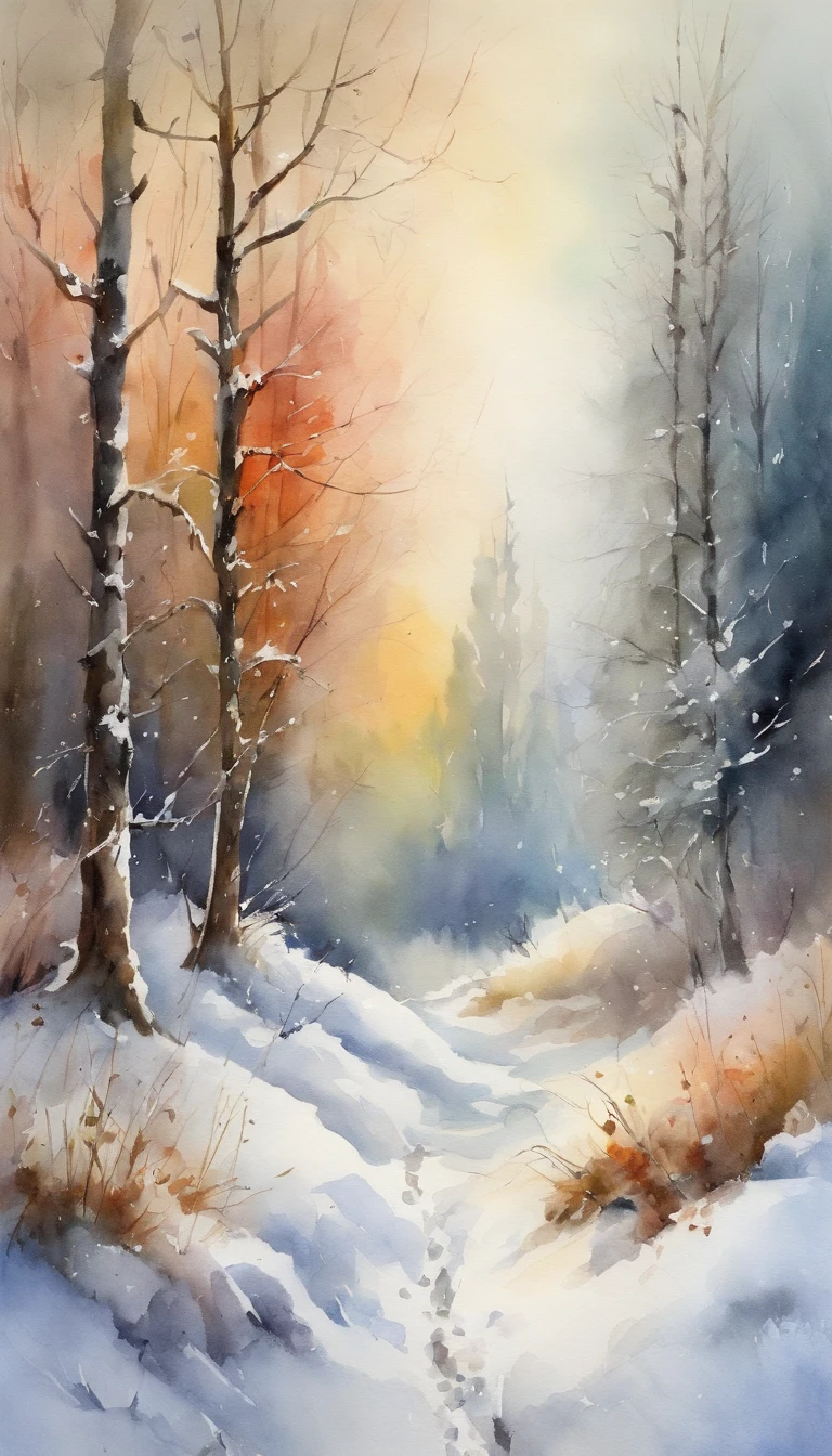 snowy forest during the day, fairy tale, delicate colors, sunlight, rainbow