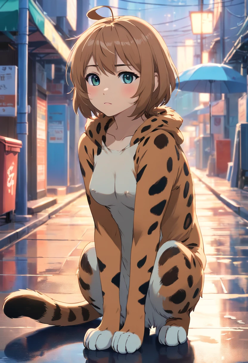 Bengal kitten, Pretend to be a cat., Rainy days,Wet hair,Wet hair,pitiful,Meticulous expression,City street background,Sox.,Trash cans next to,Meticulous background expressions,Ultra HD and Ultra High Resolution,Tabby leopard
