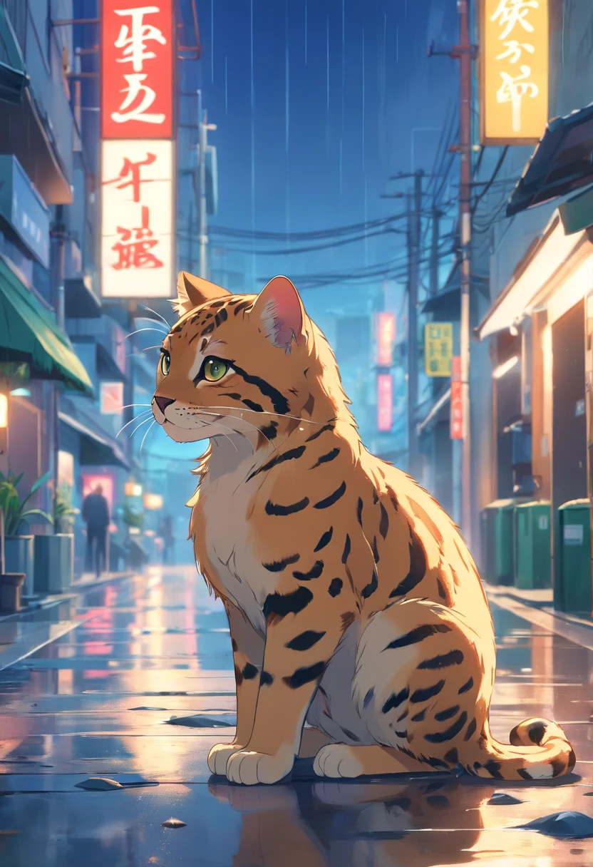 Bengal kitten, Pretend to be a cat.,  Rainy days，Wet hair，Wet hair，pitiful，Meticulous expression，City street background，Sox.，Trash cans next to，Meticulous background expressions，Ultra HD and Ultra High Resolution,Tabby leopard