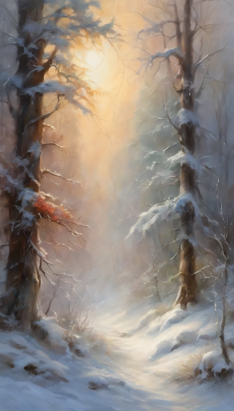 (best quality,4k,8k,highres,masterpiece:1.2),ultra-detailed,(realistic,photorealistic,photo-realistic:1.37),snowy forest during the day, fairy tale, delicate colors, sunlight, rainbow, peaceful atmosphere, snow-covered trees, sparkling snowflakes, magical creatures, enchanting landscape, mystical ambiance, soft pastel hues, glistening icicles, ethereal glow, serene tranquility, whimsical charm, dreamlike setting, towering evergreens, shimmering sunlight filtering through branches, vibrant bursts of color, dancing fairies, serene winter wonderland