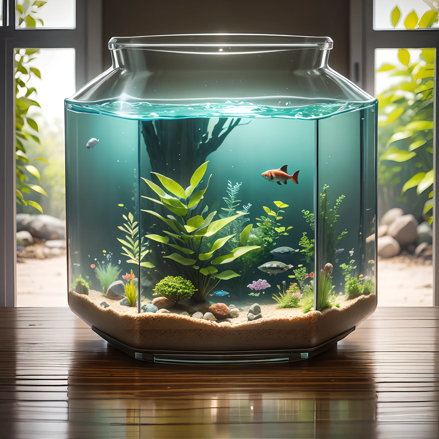 Transparent glass fish tank, home, forest