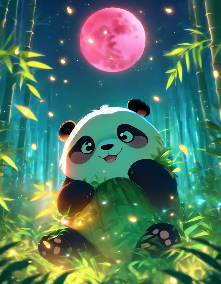 KIDS ILLUSTRATION,Silent night, Quiet bamboo forest, Bamboo leaves fall in the wind,Cute and cute giant panda,fatty, Full moon in the sky, fireflies flying,((oc rendered))