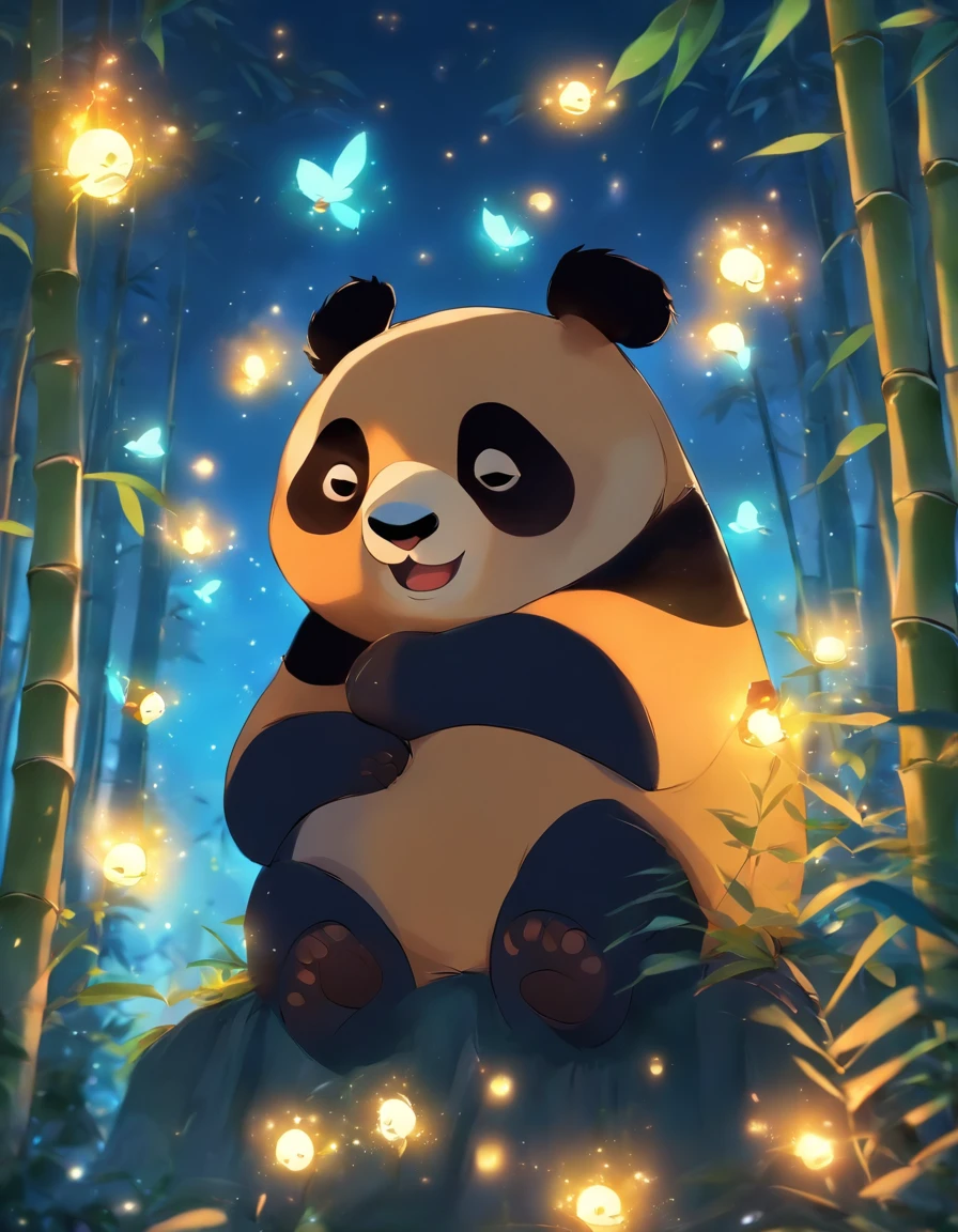 KIDS ILLUSTRATION,Silent night, Quiet bamboo forest, Bamboo leaves fall in the wind,Cute and cute giant panda,fatty, Full moon in the sky, fireflies flying,((oc rendered))