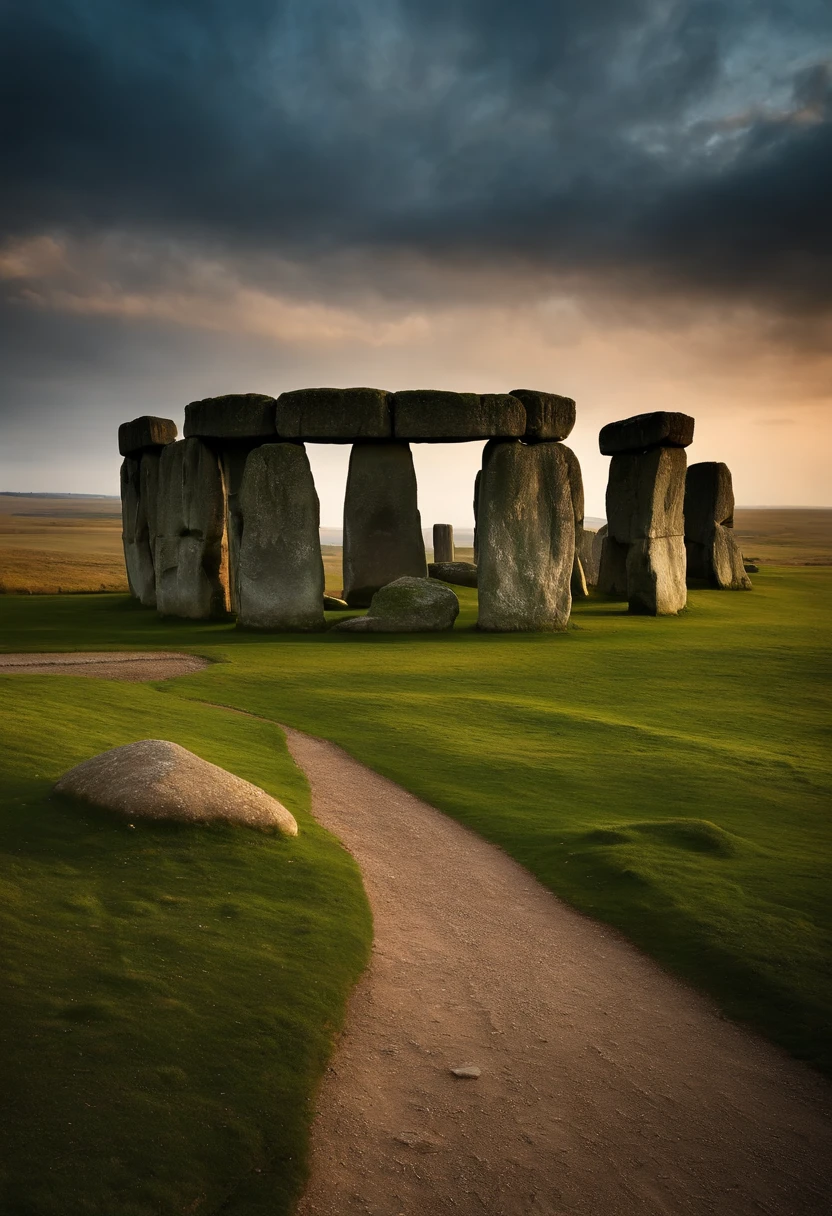 Apartamento amueblado con todos los detalles dentro de Stonehenge. El apartamento debe de estar dentro de las piedras, se debe de ver dentro de las piedas, como si las piedras de Stonehenge fuesen un edificio. La vista tiene que ser las piedras de Stonehenge desde cerca, muy cerca, and inside it should look as if it were a designer apartment, with designer furniture, bathhouse, dormitorios, salon, comedor, con todo tipo de detalles del interior de un apartamento.
