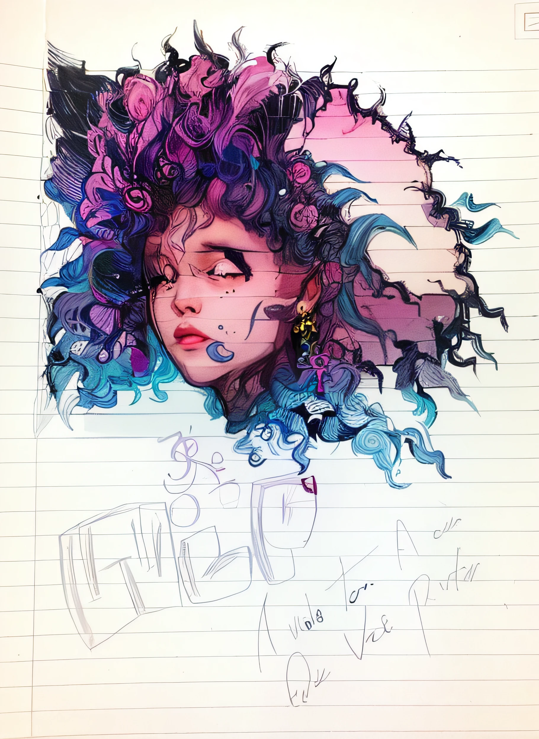Drawing of a black woman with pink hair in the abeça, seu rosto emoldurado com cachos, um desenho, istration in pen and ink, Assumiu o iPad, um desenho a tinta digital desenho de uma mulher com cabelo encaracolado, artistic drawing, detailed outline, high quality sketch art, Pen drawing, afro encaracolado, fine art sketch, trabalho com caneta e tinta. foco nítido, retrato detalhado, um desenho, sketch art, desenho a tinta digital, cabelo afro, flowing massive hair, desenho a caneta, a pencil sketch, um desenho a tinta digital, linda e perfeita