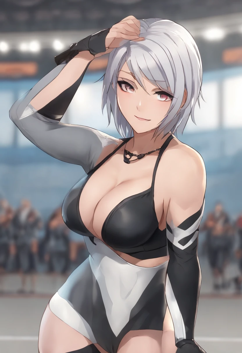 (ultra detailed body, ultra detailed face), ((solo)), anime style, hires, ((pro wrestling arena, pro wrestling match, crowd watching)), (hinata\(boruto\), (female wrestler), (slender body, broad shoulders, shaved armpit), mature woman, milf, (black bikini, ultra detailed pro wrestling gear, armbands), victorious, gorgeous, winner, confident face, closed mouth, (pale skin, shiny skin, lighting and shadow), (dark blue hair color:1.1), wavy hair, ((short hair, hime cut, floating hair), big breasts, ((warming up)), (long belly), (closed fists, head tilt), seductive, (perfect eyes, white sciera, bright eyes, white eyes, anime eyes, looking at the viewer)