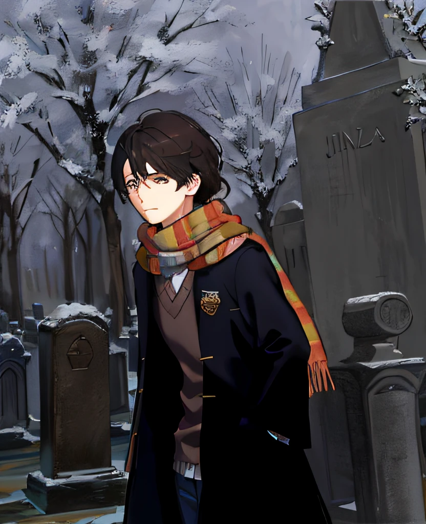 Un primer plano de una persona con un abrigo y una bufanda, Wear a brown scarf, estilo Harry Potter, cabello negro, cementerio de fondo