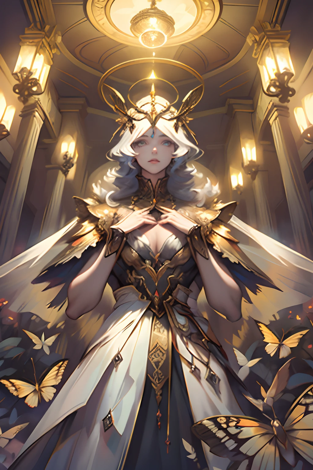 A with an ethereal look, quatro (4) olhos vermelhos semicerrados de aspecto misterioso , cabelos longoss, cabelos ondulados, cacheados, asas de mariposa saindo das costas, golden accessories like a Halo, uma gargantilha, Floating in a hall in the Baroque style, Caotic in neon colors, mulher jovem e sexy, bonita, olhos vermelho sangue, perfect hands, rosto perfeito e detalhado, detailed hands, cabelo com franja, asas de mariposa, Scenery with vibrant colors and neon, asas de mariposa saindo das costas