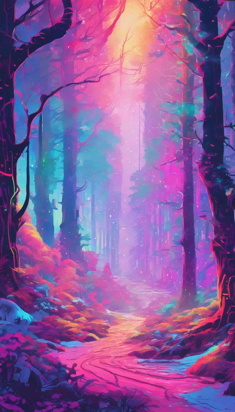 snowy forest during the day, fairy tale, delicate colors, sunlight, rainbow