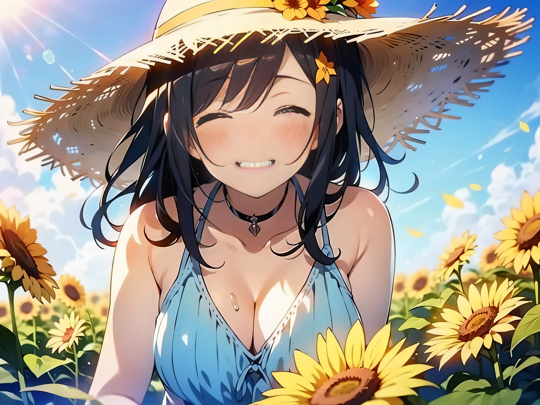 in 8K、top-quality、​masterpiece、ultra-detailliert、Ultra-high resolution、Anime style、1人の女性、Mid summer、a straw fedora hat、A smile、Sun flower、thicket、siesta
