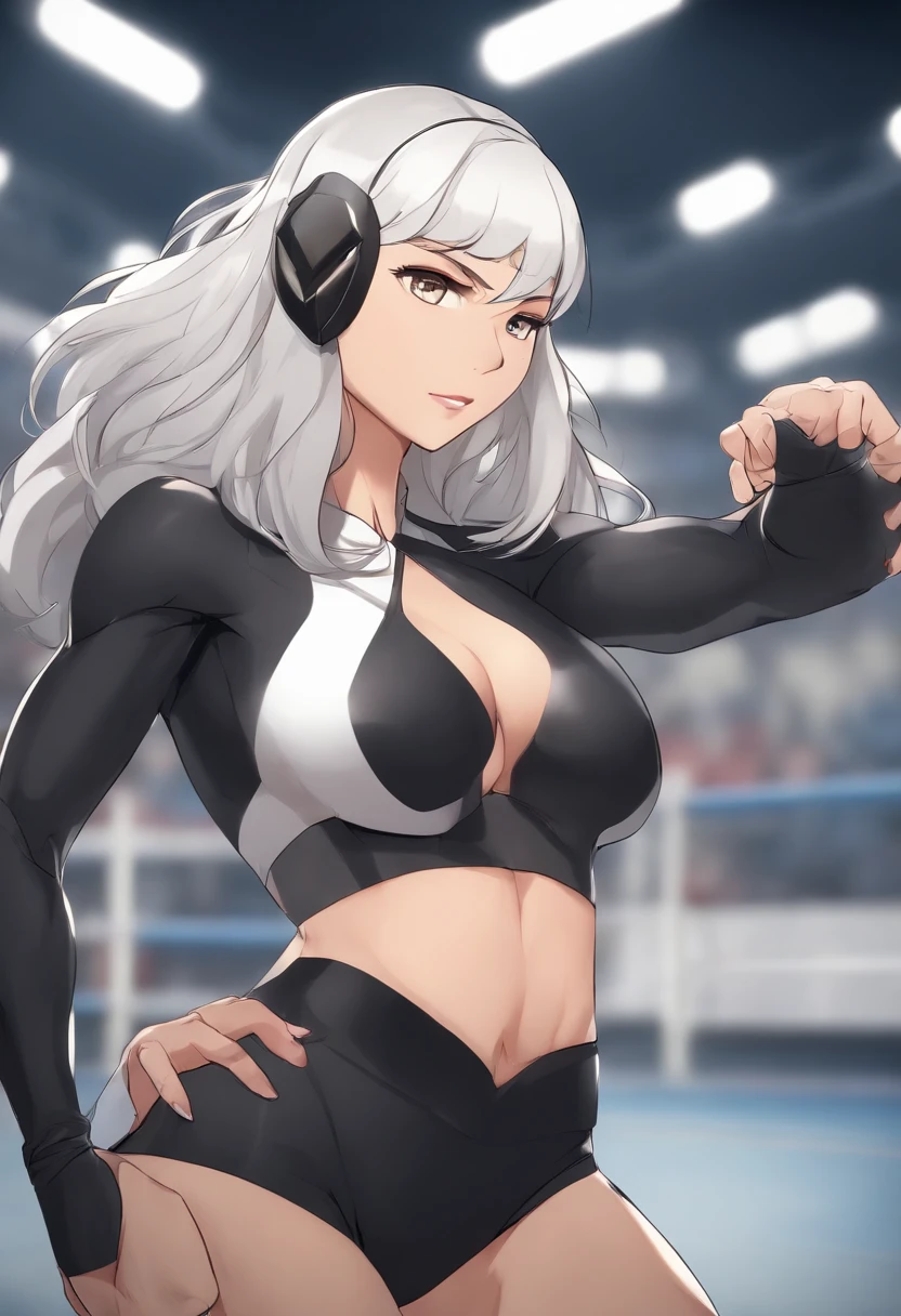 (ultra detailed body, ultra detailed face), ((solo)), anime style, hires, ((pro wrestling arena, pro wrestling match, crowd watching)), (hinata\(boruto\), (female wrestler), (slender body, broad shoulders, shaved armpit), mature woman, milf, (black bikini, ultra detailed pro wrestling gear, armbands), victorious, gorgeous, winner, confident face, closed mouth, (pale skin, shiny skin, lighting and shadow), (dark blue hair color:1.1), wavy hair, ((short hair, hime cut, floating hair), big breasts, ((warming up)), (long belly), (closed fists, head tilt), seductive, (perfect eyes, white sciera, bright eyes, white eyes, anime eyes, looking at the viewer)