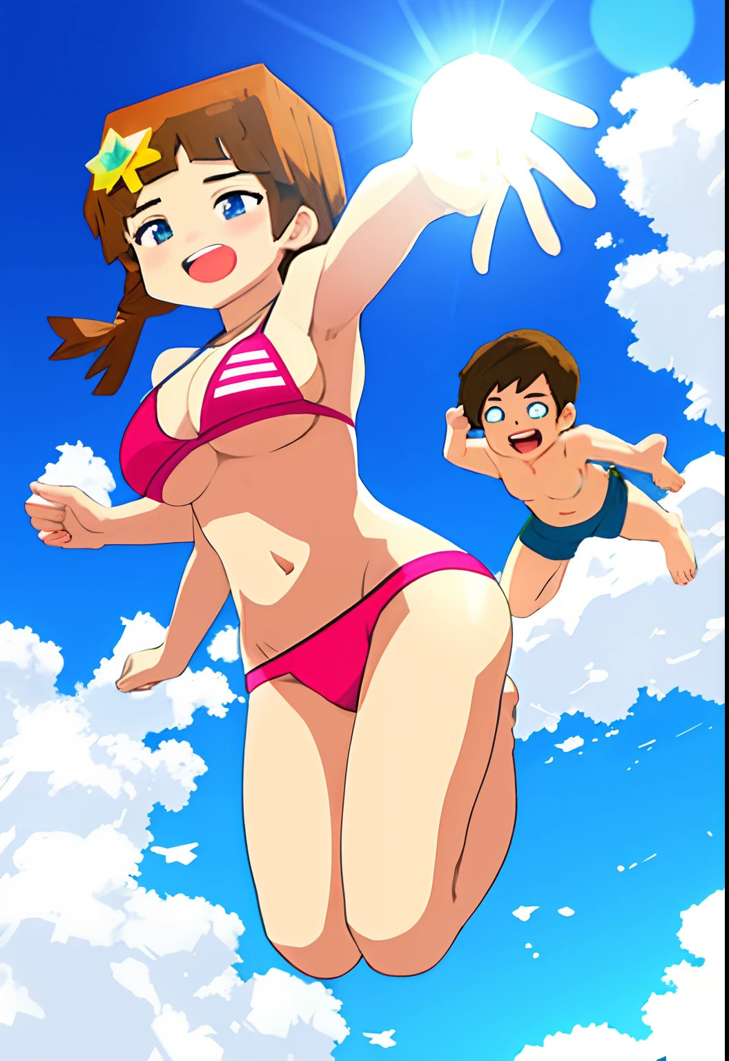 jumping girl hold breast while in air , bikini