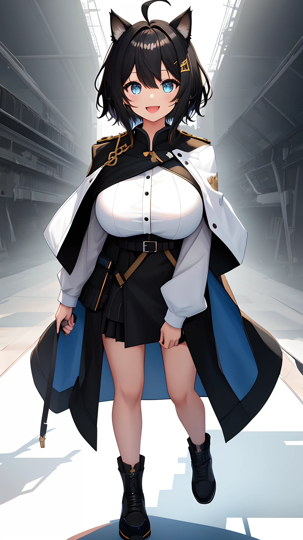 Full body,((Upright)), ((Arms at sides)), Looking at Viewer, simple background、White background, 1girl in, Open mouth, Smile, Virtual Youtuber、girl with、((Best Quality, high_resolution, Distinct_image)),(Black hair), (Black cat ears), (Ahoge), (absurdly short hair), (Wavy Hair), (Blue eyes),、A smile、Very big breasts,(wearing shoes on feet)、concept-art、View Viewer。military outfits。Wearing a cape。
