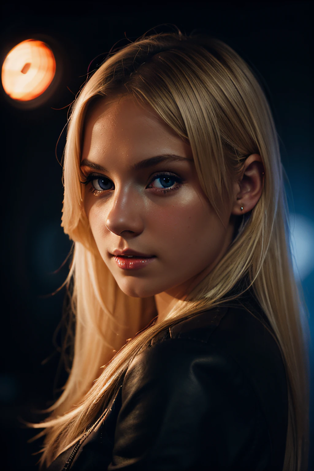 a beautiful blonde girl, red lights on left, blue lights on right, dark background, shot by Canon EOS 5D, realistic girl