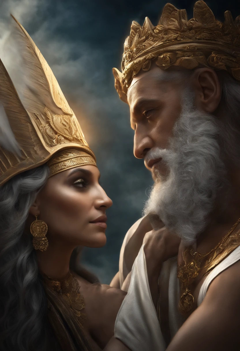 Encontro de dois anjos: Lucifer and god, man of faith of the Old Testament of the Bible, briga de dois anjos, um com cabelo curto preto e armadura escura, e outro com cabelo longos loiros vestindo branco.