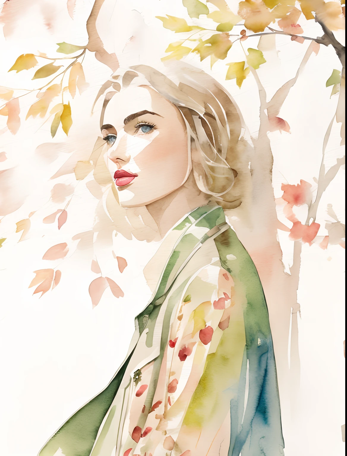 Kelly smith watercolor art Blonde Woman thin hair, french bob, gray blue eyes, red lipstick, andreea diaconu, face profile, peach beige dress, jacket, windy, green tree, summer, fantasy, artistic brushstrokes