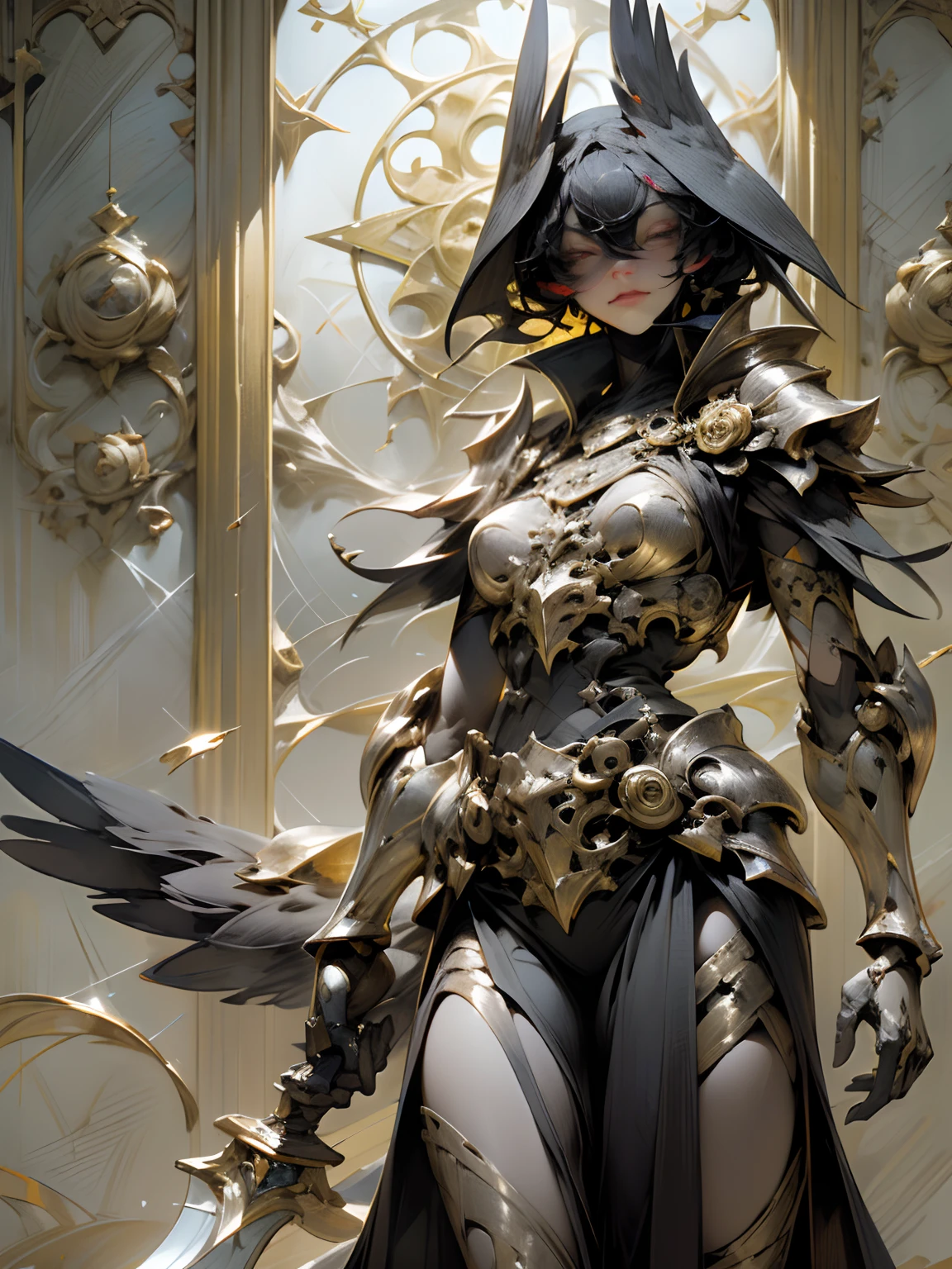 skeleton knight, greatsword, master piece, best quality, realistic epic, full body, (black_marbled), (Black Wing: 1.3), intricate details, intricate patterns, golden powder, floating (golden cloth), detailed texture, broken glass, Divine Light, (((crow)), Golden Rose, gold foil, motion blur, depth of field, hologram, (medium breasts: 1.3), (realism:1.5), (Realisitc:1.4), ( Absurdity:1.4), 8k, Ultra-Detailed, Beautiful Girl Detailed, (1:1.4 Only), 1 Girl, (Viewer Facing:1.2), (Bright Sunny Day:1.5), Intricate Body Details, (Short:1.3 ) , (best quality: 1.0), (Ultra Highres): 1.0), highly detailed face and eyes, (photorealistic: 1.2)