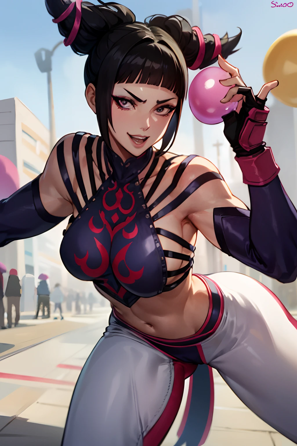 SFW, Mulher de 30 anos, sexy mature asian woman, face oval, Rosto e olhos detalhados, Beautiful purple iris, globos oculares brancos, Jurimas, SFIV, chifres para cabelo,Nu,sem roupa,ass, Twerk,extremely delicate lips, (Sorriso muito sugestivo: 1.2), sorriso maligno, sorriso maligno, sorrir, Pose de briga raivosa, Wide white pants, perna chutando alto no ar, coxas grossas, bare-legged, mediuml breasts, olhos negros, long eyeslashes, bushy eyelashes, 8k UHD, HDR, extremamente detalhado CGunity 8k wallpaper, rua da cidade, crowd of people, corpo inteiro, Grande angular, mola sigma de 35 mm, corpo inteiro, (8k), (4k), Olhando para o Viewer,(Nu)(Mamalhuda)()(Twerking towards the viewer) (bunda grande)