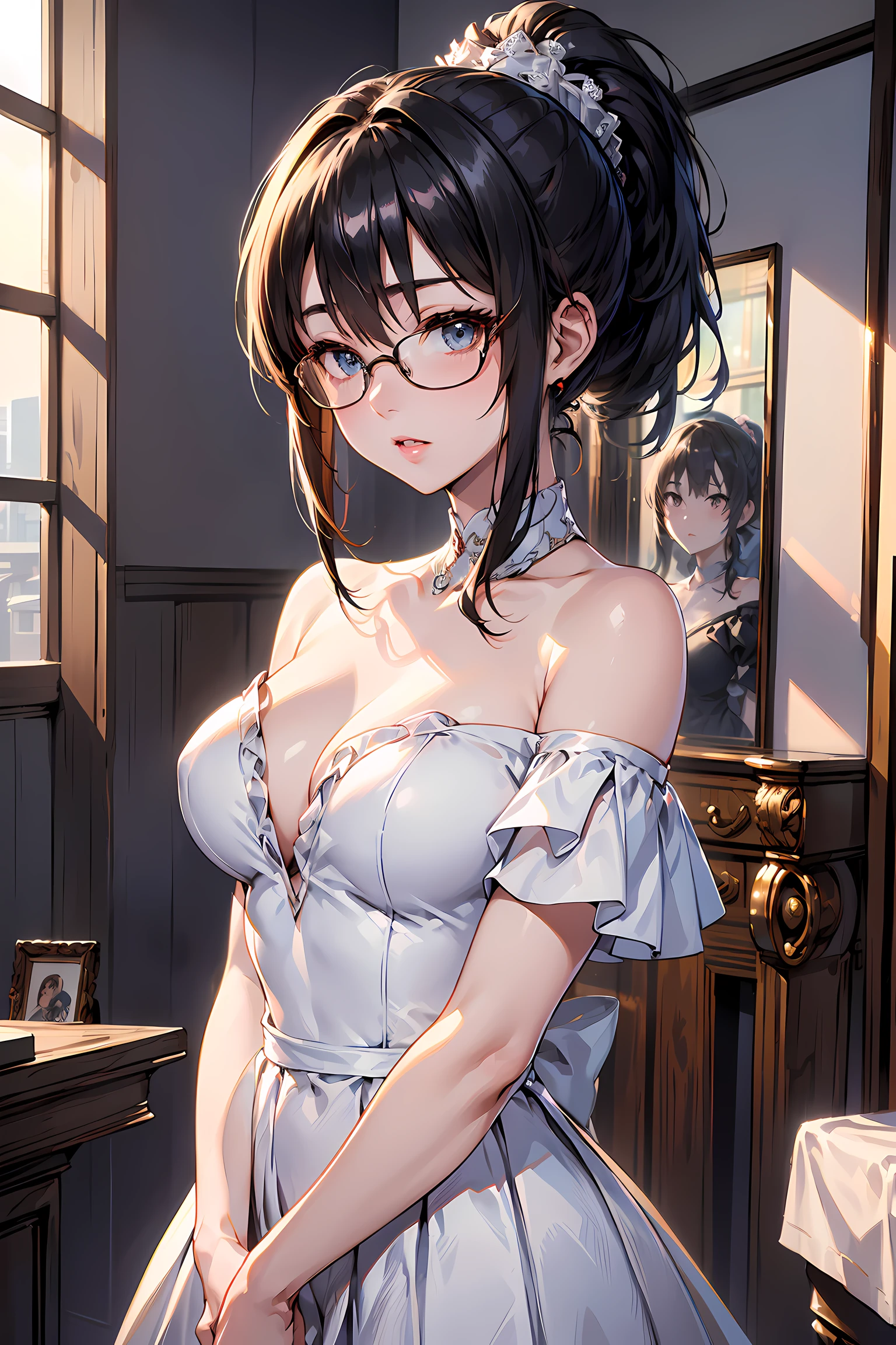 (1glasses girl:1.3, solo), (Audrey Hepburn:1.3), (a extremely pretty and beautiful Japanese woman), (sexy girl), (professional attire:1.3), (22 years old: 1.1), (arms behind back between legs:1.3), (attractive random posing:1.3), (in the queen's room:1.3), (looking straight at you:1.3), (starring at you:1.3), (front view:1.3), break, (ponytail:1.3), (shiny-black thin hair:1.2), bangs, dark brown eyes, beautiful eyes, princess eyes, (big eyes:1.3), bangs, wearing a glasses:1.3, Hair between eyes, short hair:1.3, (slender:1.1), (small-medium-breasts:0.95), (thin waist: 1.15), (detailed beautiful girl: 1.4), Parted lips, Red lips, full-make-up face, (shiny skin), ((Perfect Female Body)), (upper body image:1.3), Perfect ???????, Perfect Proportions, (most beautiful Korean actress face:1.3, extremely cute and beautiful Japanese actress face:1.3), BREAK, (View viewer, wearing a embroidery frills sexy teacher uniform, (insanely detailed elegant outfit:1.3), (off-shoulder wedding dress:1.3), (tafta princess dress:1.3), (shiny-white dress:1.3), (high-waist-frill-skirt:1.3), detailed clothes, BREAK, (detailed classy queen's room background:1.2), (dark background), (Studio soft lighting: 1.3), (fake lights: 1.3), (backlight: 1.3), BREAK, (Realistic, Photorealistic: 1.37), (Masterpiece, Best Quality: 1.2), (Ultra High Resolution: 1.2), (RAW Photo: 1.2), (Sharp Focus: 1.3), (Face Focus: 1.2), (Ultra Detailed CG Unified 8k Wallpaper: 1.2), (Beautiful Skin: 1.2), (pale Skin: 1.3), (Hyper Sharp Focus: 1.5), (Ultra Sharp Focus: 1.5), (Beautiful pretty face: 1.3), (super detailed background, detail background: 1.3), Ultra Realistic Photo, Hyper Sharp Image, Hyper Detail Image,