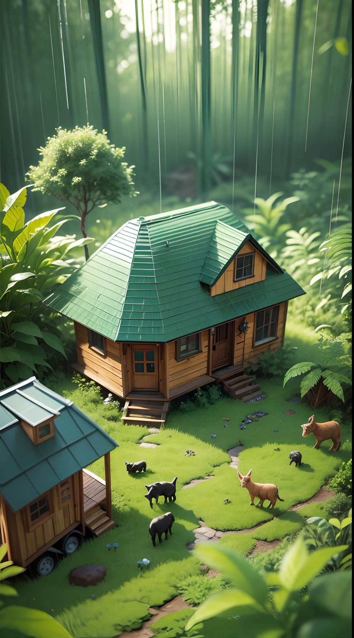 Ultra realistic rain forest small farm with tiny house