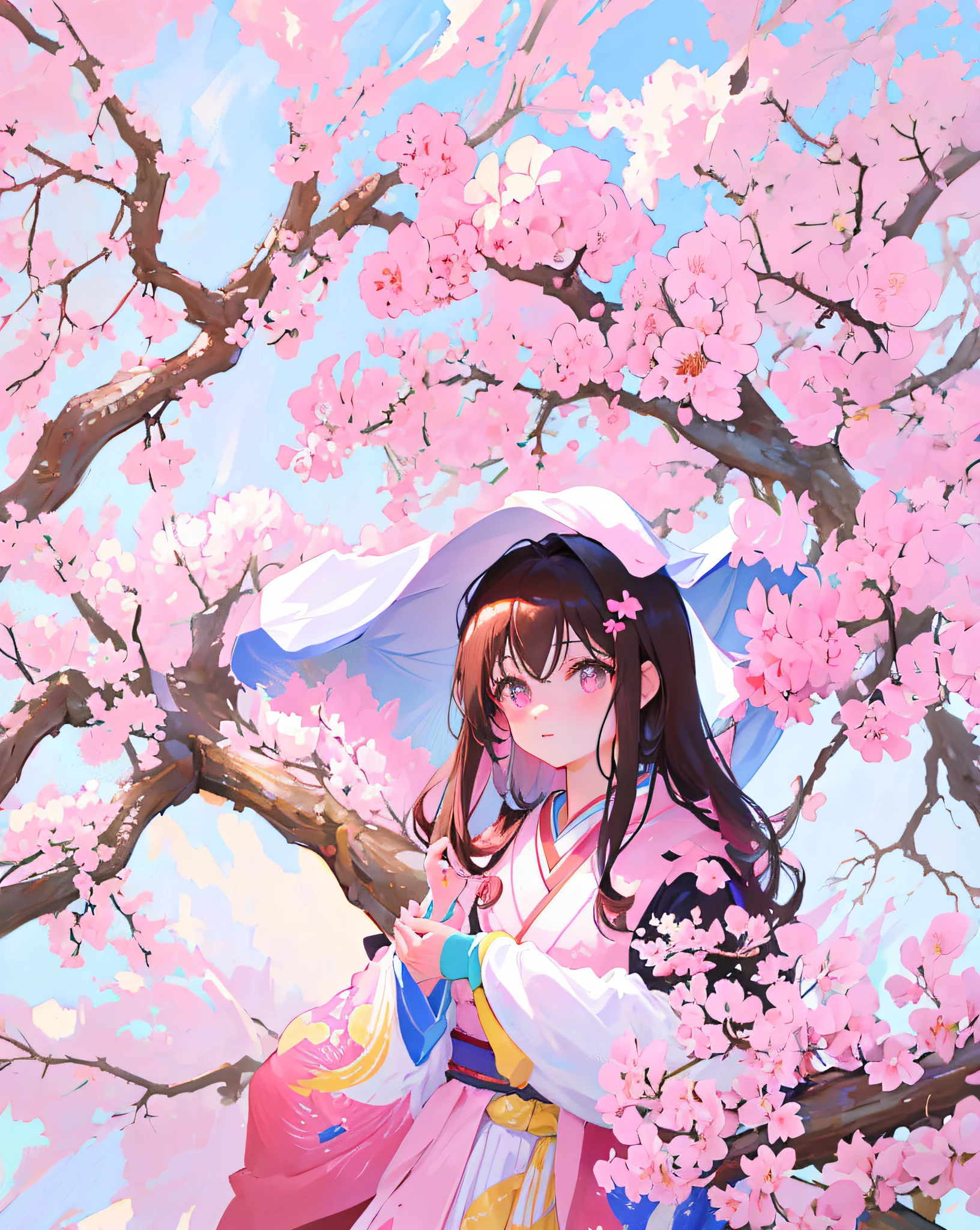 (Realistic painting style:1.0), Masterpiece, Best quality, absurderes, comic strip, illustration,
1girll, Long hair, Cute girl, young and cute girl, Japanese girl,
A girl in a kimono, Japanese_clothes,, Under a tree with pink flowers, under a sakura tree, sakura season, sakura petals around her, cherry blossom, cheery blossom, Cherry blossoms, sakura bloomimg, flowing sakura silk, cherry blossoms in the wind, Japanese woman, sakura trees in the background, elegant japanese woman, SakuraNS, Sakura flower, cherry blossoms falling