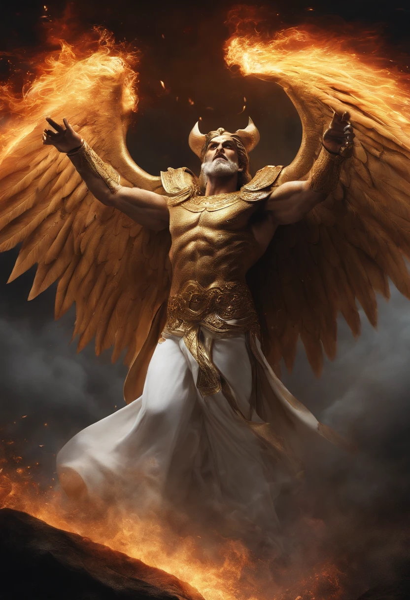 Lucifer fighting with god, briga de dois anjos, um deles tem cabelo curto preto, armadura escura, e outro com cabelo longos loiros vestindo branco.