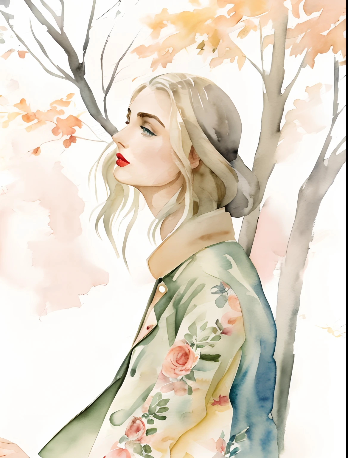 Kelly smith watercolor art Blonde Woman thin hair, french bob, gray blue eyes, red lipstick, andreea diaconu, face profile, peach beige dress, jacket, windy, green tree, summer, fantasy, artistic brushstrokes