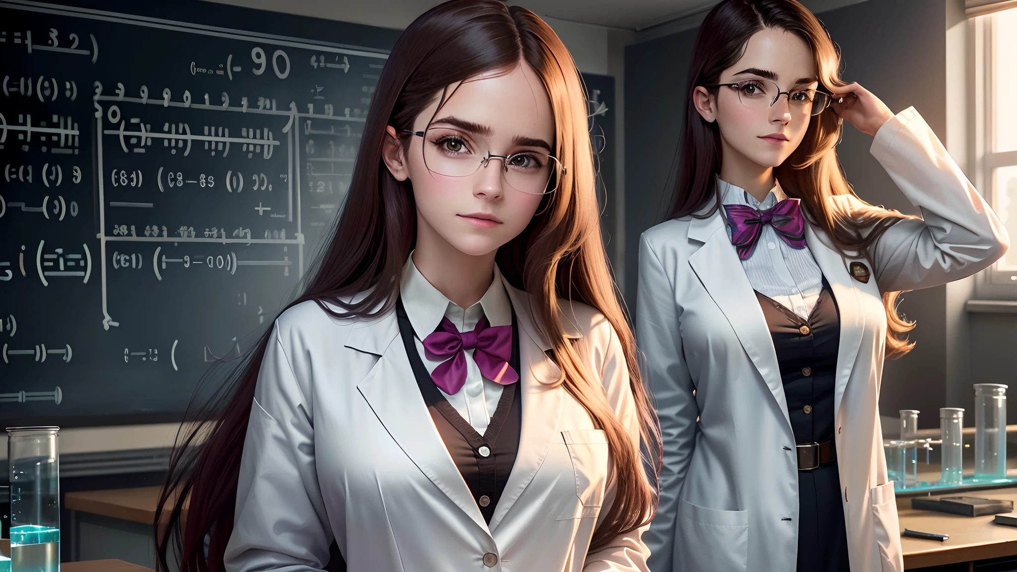 Chemical scientist in lab coat, Math, physics, wears glasses, with long hair in takes, hair straight, Big breasts teacher, frontal photos, Photo 3x4, Parecida Emma Watson