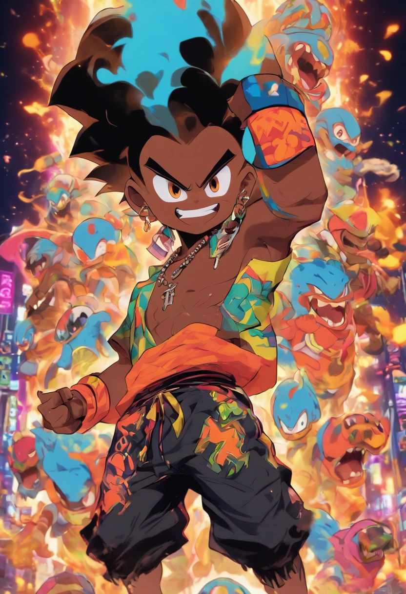 Monster Boy, Caramel Brown skin Black boy moor, Bald Hairstyle, Streetwear, Full Slime Body, colors neon, risa loca, malvada