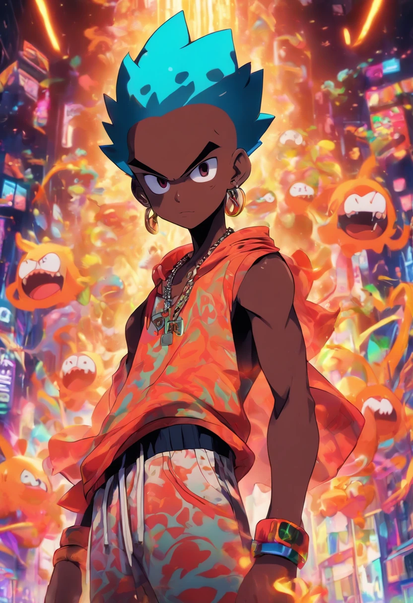 Monster Boy, Caramel Brown skin Black boy moor, Bald Hairstyle, Streetwear, Full Slime Body, colors neon, risa loca, malvada