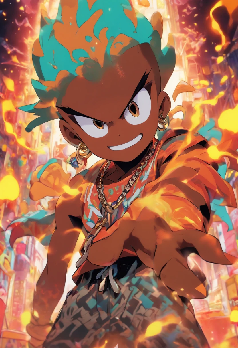 Monster Boy, Caramel Brown skin Black boy moor, Bald Hairstyle, Streetwear, Full Slime Body, colors neon, risa loca, malvada