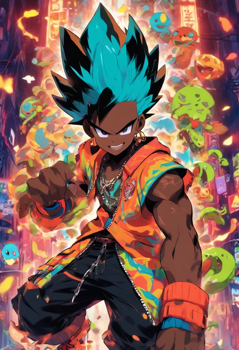 Monster Boy, Caramel Brown skin Black boy moor, Bald Hairstyle, Streetwear, Full Slime Body, colors neon, risa loca, malvada
