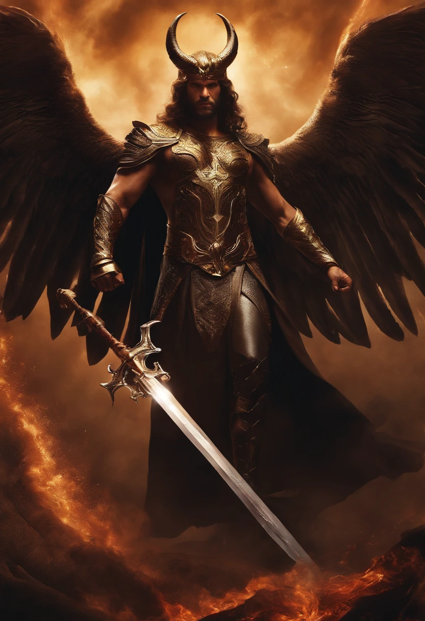 Lucifer fighting with god, briga de dois anjos, um deles tem cabelo curto preto, armadura escura, e outro com cabelo longos loiros vestindo branco.