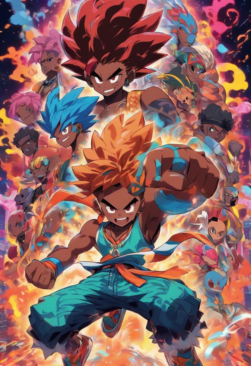 Monster Boy, Caramel Brown skin Black boy moor, Bald Hairstyle, Streetwear, Full Slime Body, colors neon, risa loca, malvada