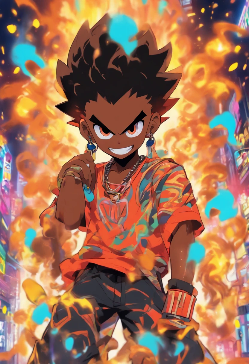 Monster Boy, Caramel Brown skin Black boy moor, Bald Hairstyle, Streetwear, Full Slime Body, colors neon, risa loca, malvada