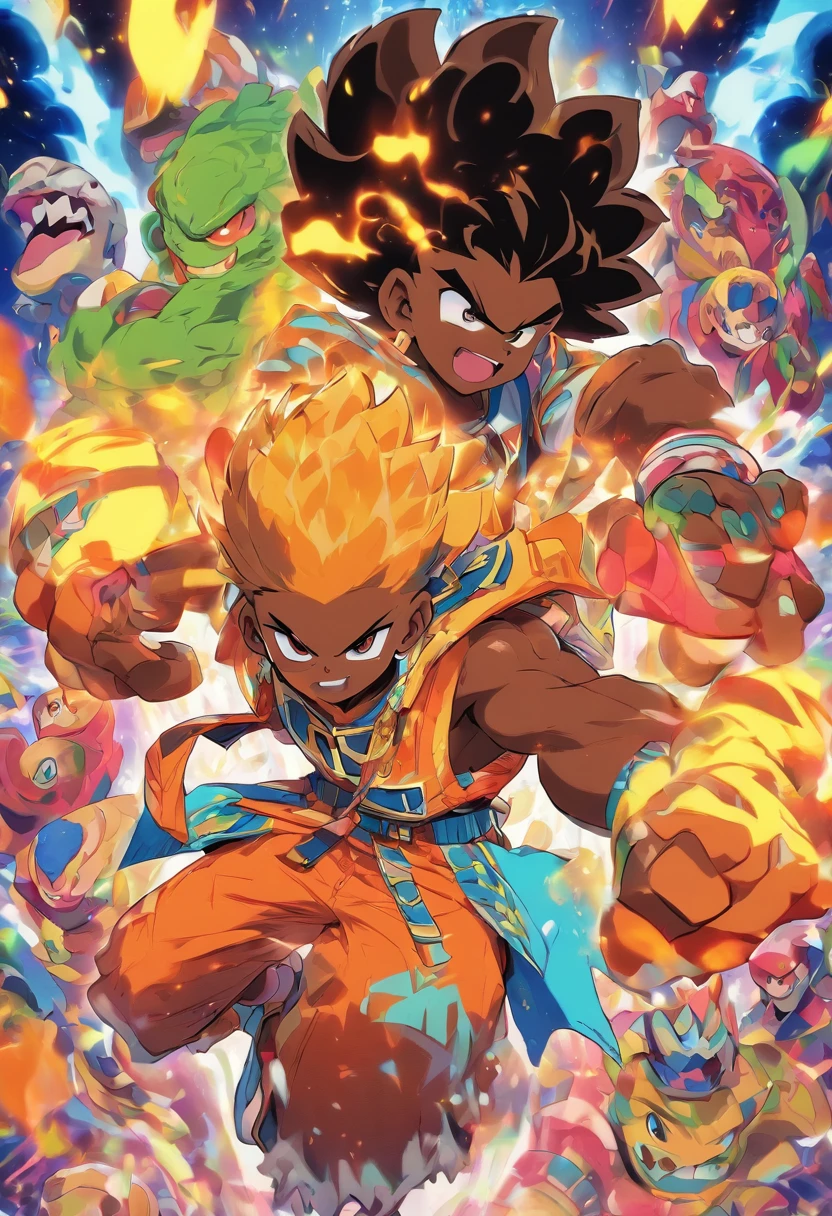 Monster Boy, Caramel Brown skin Black boy moor, Bald Hairstyle, Streetwear, Full Slime Body, colors neon, risa loca, malvada