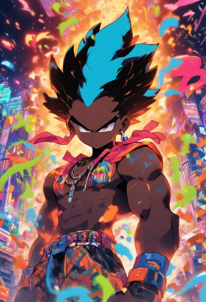 Monster Boy, Caramel Brown skin Black boy moor, Bald Hairstyle, Streetwear, Full Slime Body, colors neon, risa loca, malvada