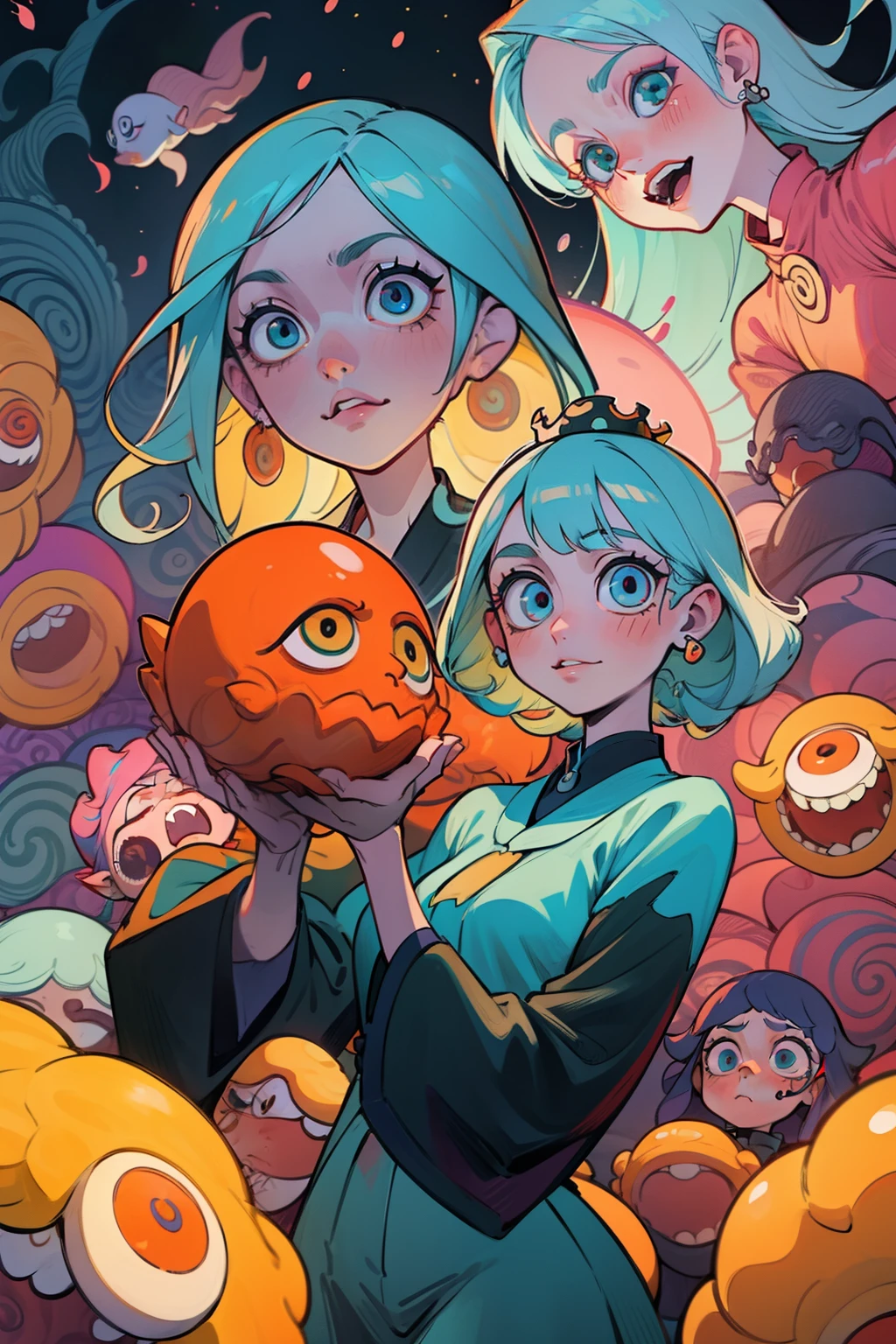 Spooky dark castle with adorable monstersd, octopus, squid, squid girl, long box braided hair, crown, flowers, octapus tentacles, white water, underwater with fishes everywhere holding breath eating fish, Ultra maniac anime manga style theme (nana manga) Kamikaze kaitoujin, full body high quality 4k illustration, ceiling view pose girl looking into camera from a white bedsheet and blood splatter, Junji ito style, (uzumaki, lit. "Spiral") is a Japanese horror manga series written and illustrated by Junji Ito, horror illustration, (uzumaki) (tomie) (a girl,beauty,2girls,3girls)cool detailed eyes,beautiful detailed lips,extremely detailed eyes and face,longeyelashes,colorful hair,confident smile,stylish outfit, earrings (yummy) food in a dynamic pose(aesthetic style),vibrant colors,street-art inspired background,urban lighting, pearly white and oranget, horror Comic book. White hair streaks, aqua blue hair, hair with a lot of flow and blonde, city scape, clothes, lingerie laying on the floor, ANIME FOOD, ANIME PASTRIES, DELECTABLE FOOD, DELICIOUS FOOD,