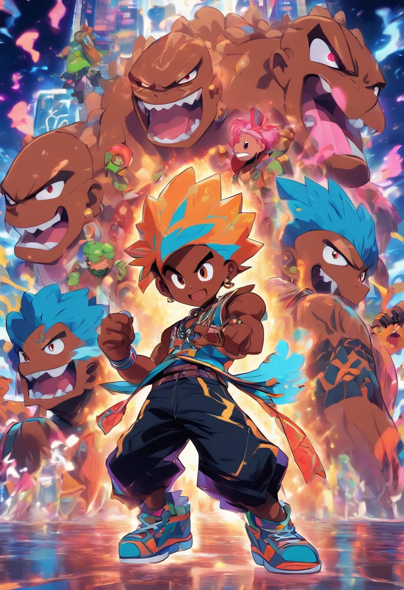 Monster Boy, Caramel Brown skin Black boy moor, Bald Hairstyle, Streetwear, Full Slime Body, colors neon, risa loca, malvada