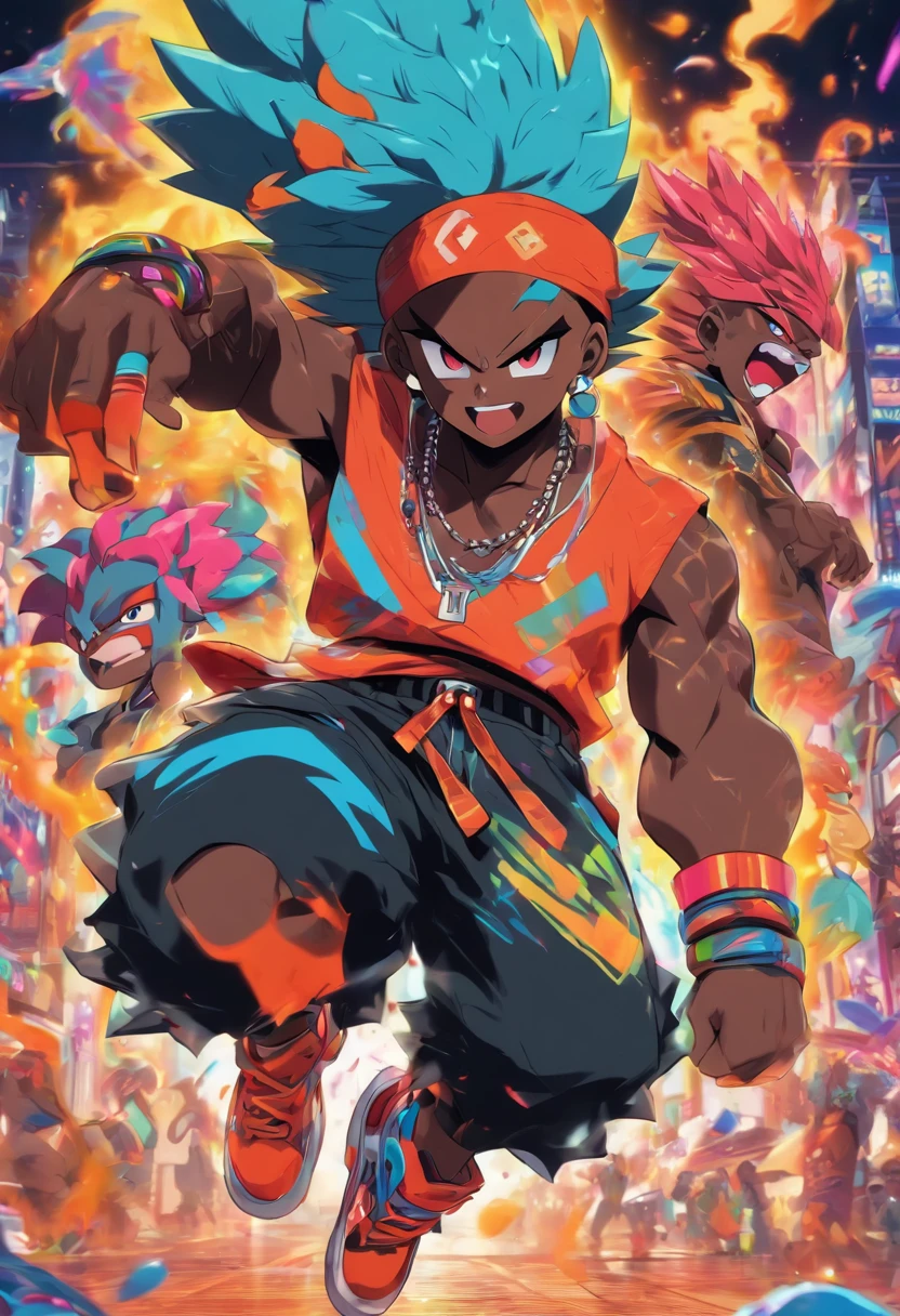 Monster Boy, Caramel Brown skin Black boy moor, Bald Hairstyle, Streetwear, Full Slime Body, colors neon, risa loca, malvada
