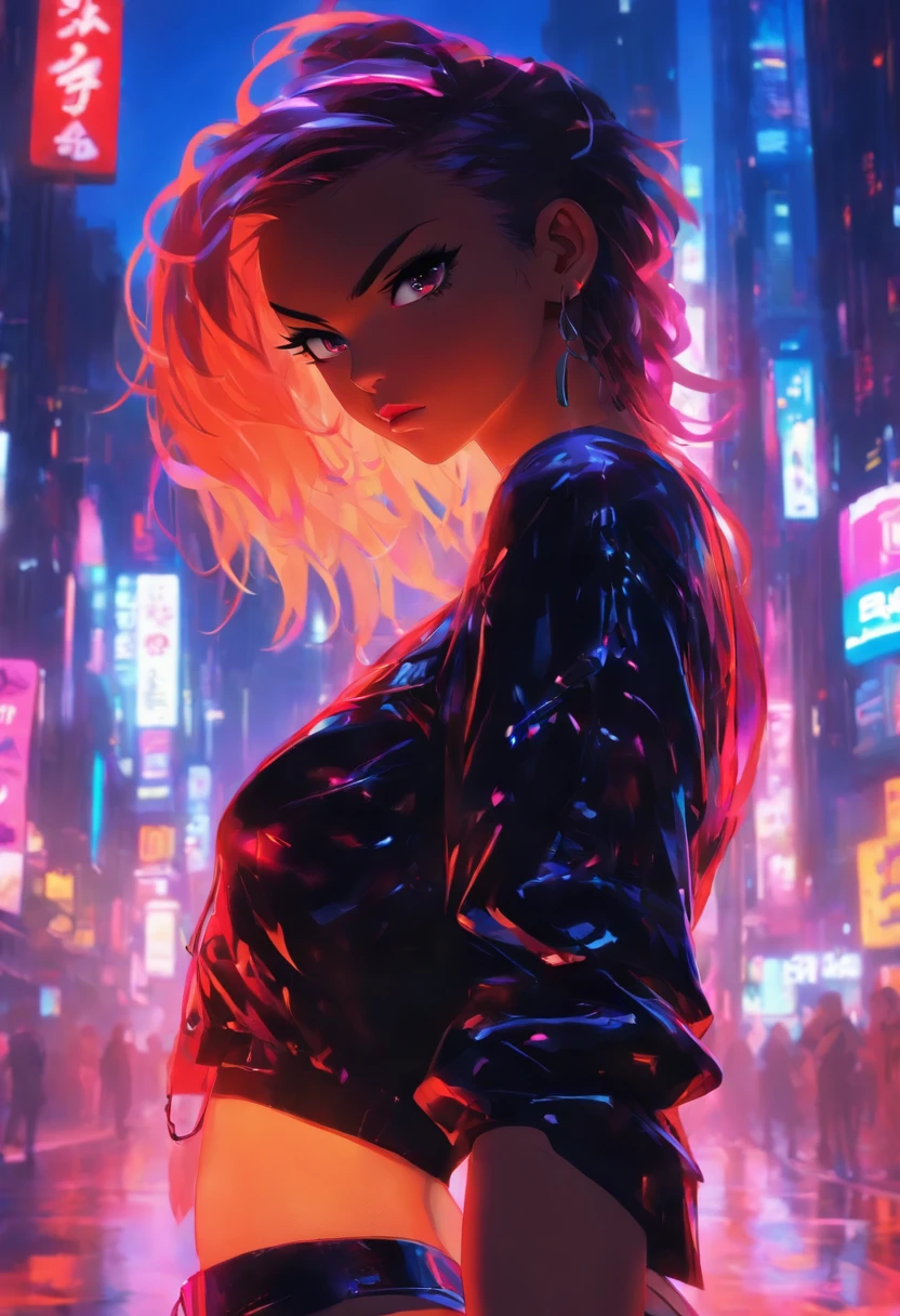 Anime girl standing on city street in leather skirt and black erotic lingerie, long-haired Ilya Kuvshinov, Guviz style artwork, anime art wallpaper 8 K, Guvitz on art station Pisif, Guwiz on Pisiv art station, cyberpunk anime art, Monster Boy, Caramel Brown skin Black boy moor, Bald Hairstyle, Streetwear, Full Slime Body, colors neon, risa loca, malvada