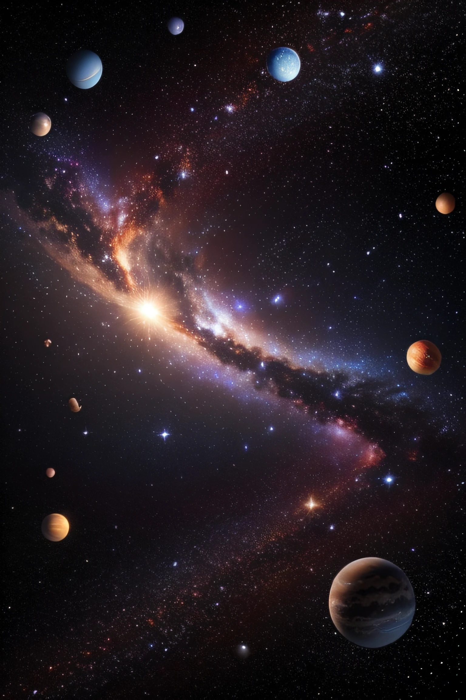 the galaxy with clouds of stars and small and large planets, an explosion of black stars, and also planets and their spinning moons. The colors are multiple, soft and sparkling. There are also shooting stars and the Milky Way
