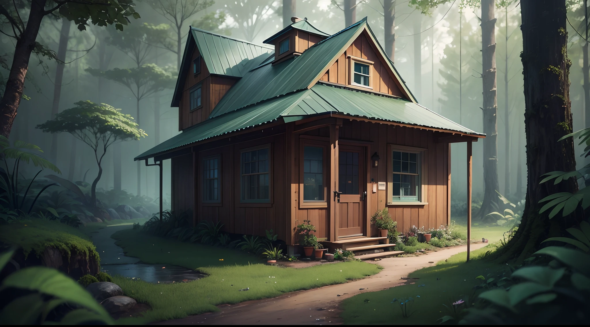 Ultra realistic rain forest small farm with tiny house