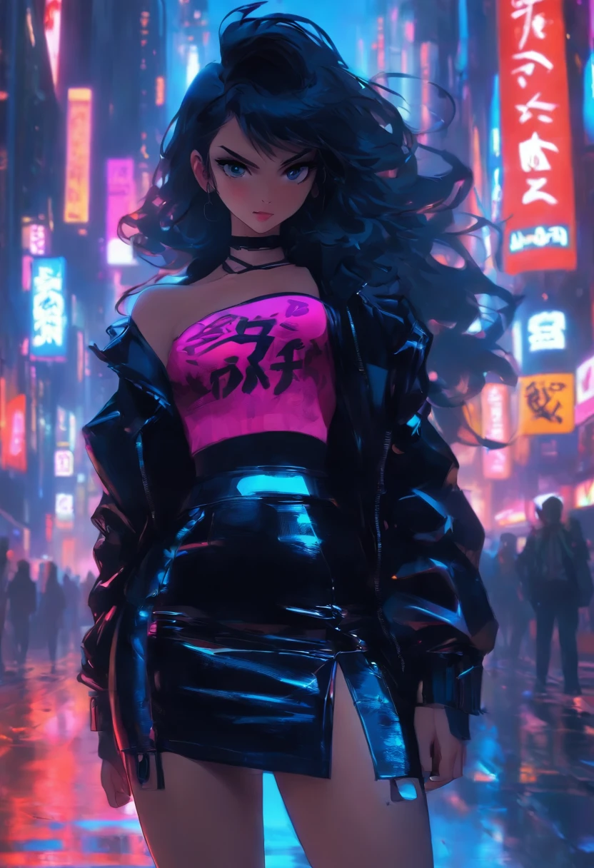 Anime girl standing on city street in leather skirt and black erotic lingerie, long-haired Ilya Kuvshinov, Guviz style artwork, anime art wallpaper 8 K, Guvitz on art station Pisif, Guwiz on Pisiv art station, cyberpunk anime art