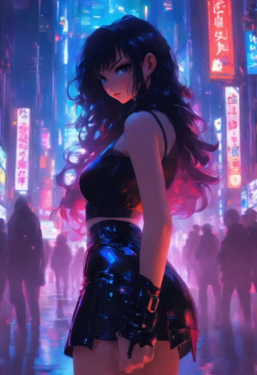 Anime girl standing on city street in leather skirt and black ???????????????, long-haired Ilya Kuvshinov, Guviz style artwork, anime art wallpaper 8 K, Guvitz on art station Pisif, Guwiz on Pisiv art station, cyberpunk anime art