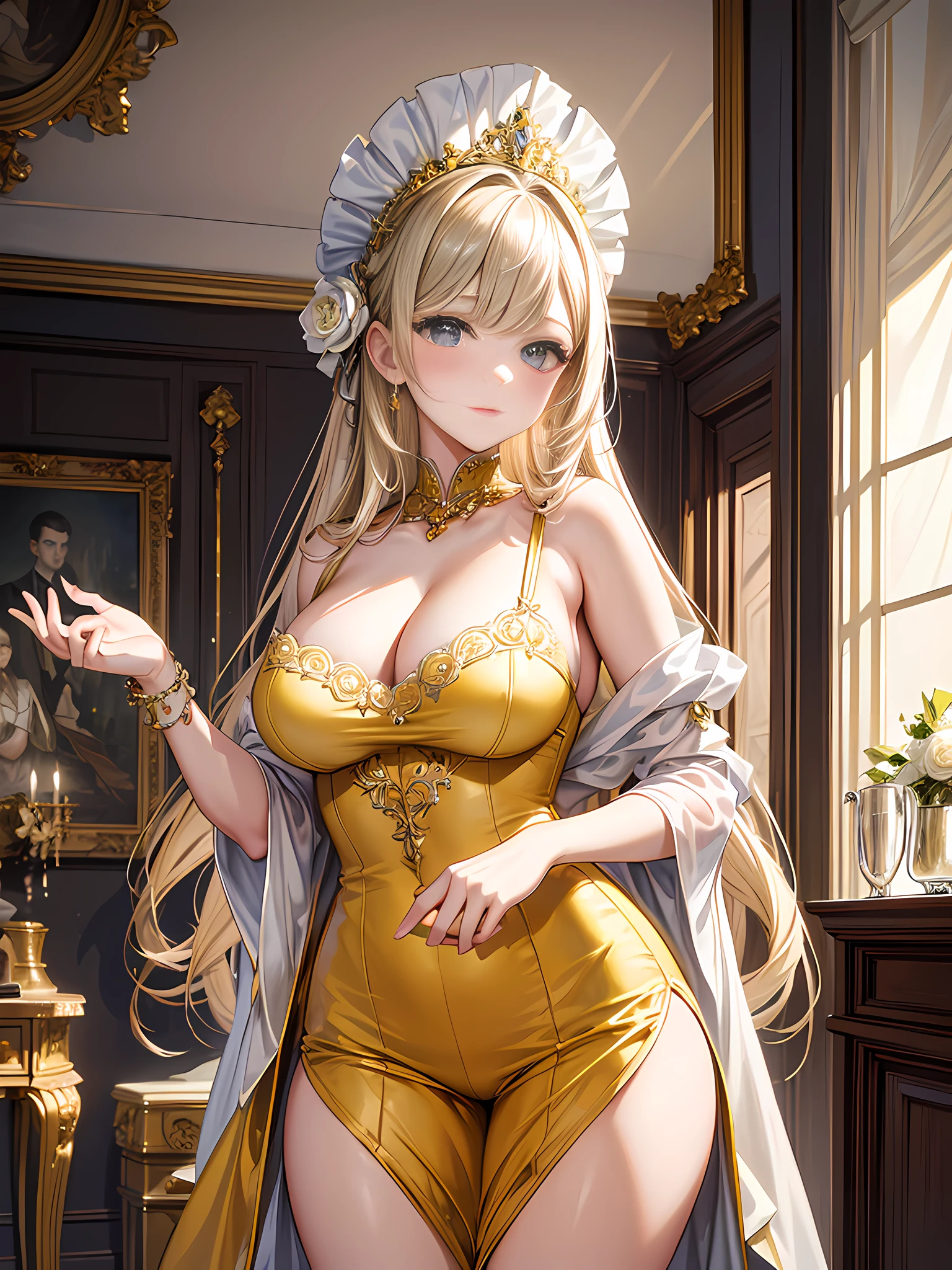 (Masterpiece), (Best quality), (Ultra-detailed), image_type: Portrait | Sexual huge breasts cleavage: Fashion | Emotion: elegant | scene: A young girl in a yellow and white maid outfit stands elegantly in an elegantly decorated interior room | Beautiful light, Tranquil Mood,Looking down